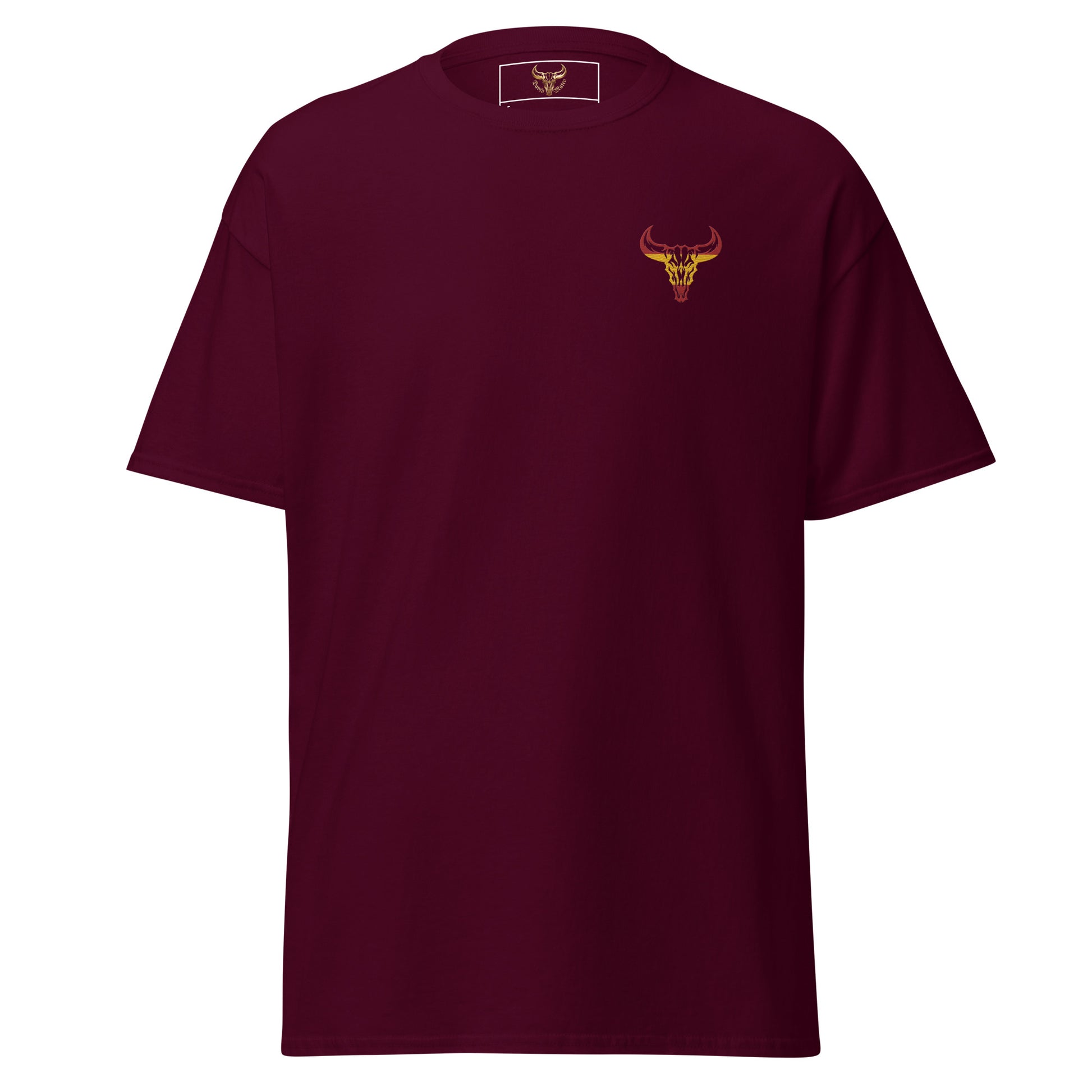 Camiseta de algodón clásica unisex granate con el logo de la calavera de toro de David Mateo Art con los colores de España.