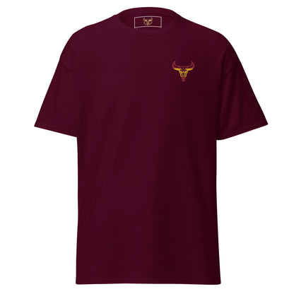 Camiseta de algodón clásica unisex granate con el logo de la calavera de toro de David Mateo Art con los colores de España.