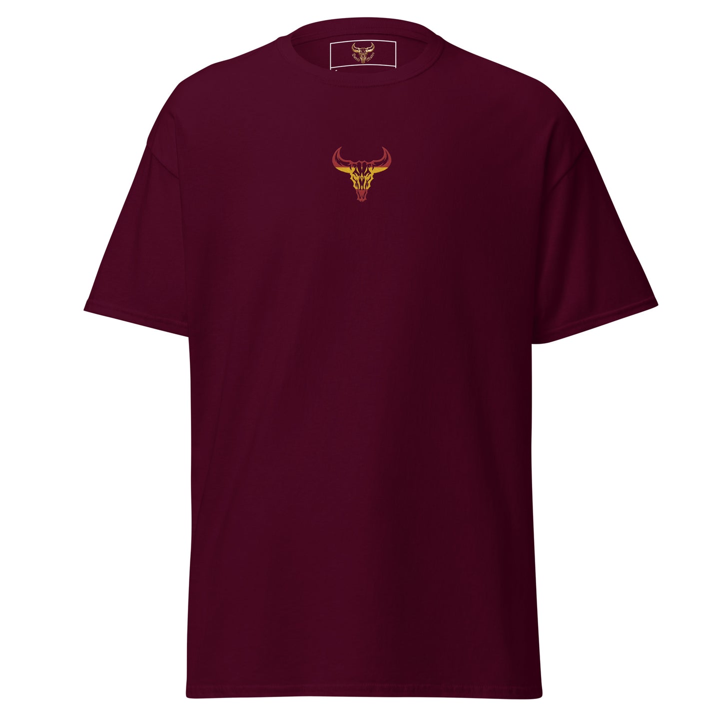 Camiseta de algodón unisex clásica granate con el logo de la calavera de toro de David Mateo Art con los colores de España.