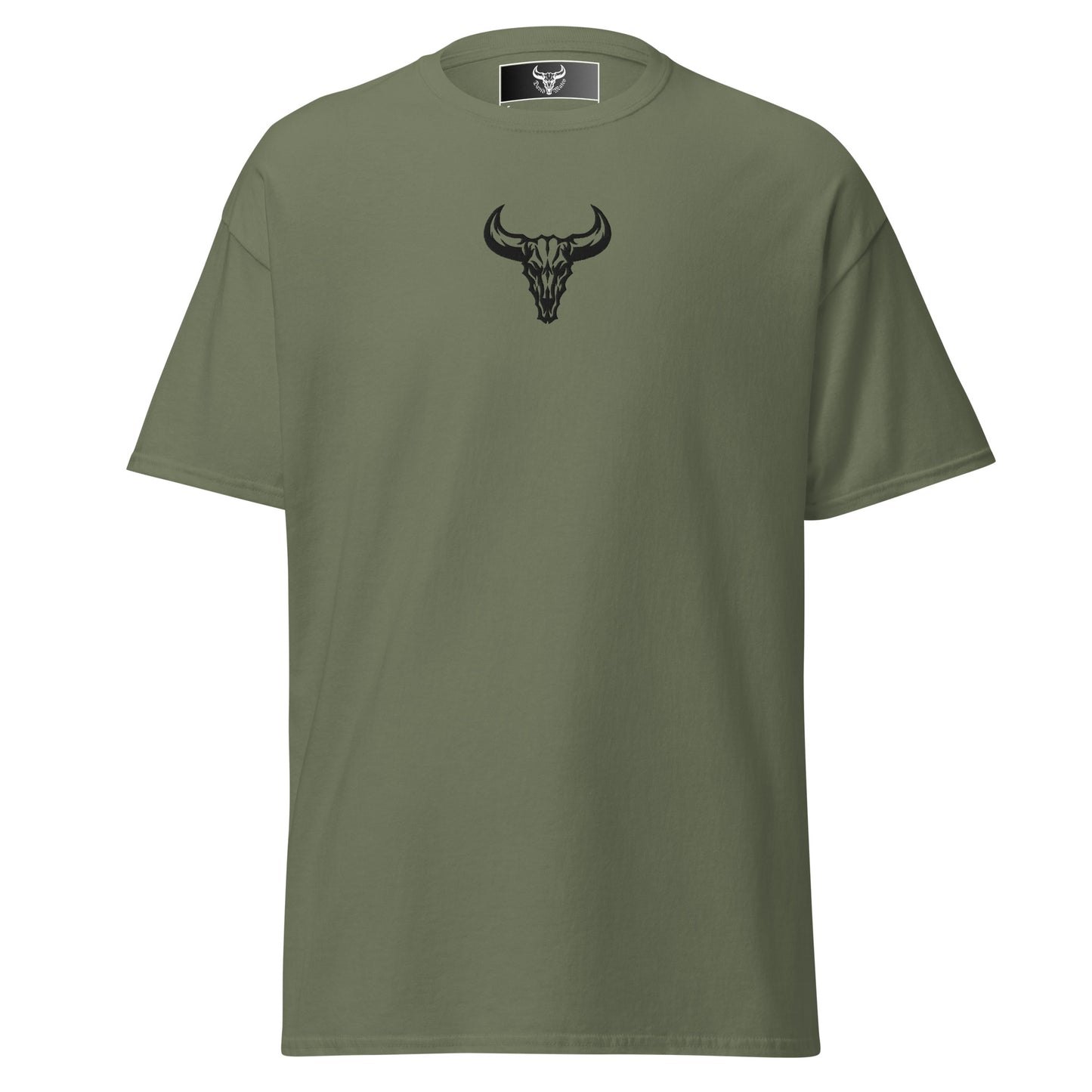 Camiseta de algodón verde militar con logo de calavera de toro negro bordado en el centro del pecho, camiseta unisex de estilo minimalista para hombre y mujer.