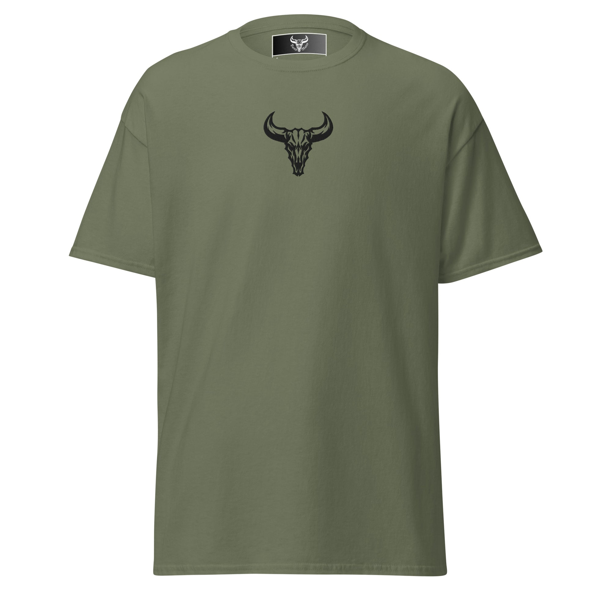 Camiseta de algodón verde militar con logo de calavera de toro negro bordado en el centro del pecho, camiseta unisex de estilo minimalista para hombre y mujer.