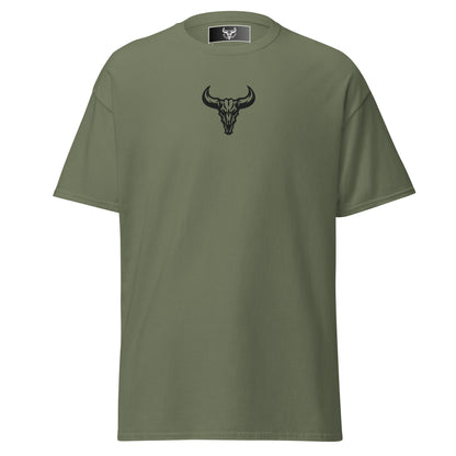Camiseta de algodón verde militar con logo de calavera de toro negro bordado en el centro del pecho, camiseta unisex de estilo minimalista para hombre y mujer.