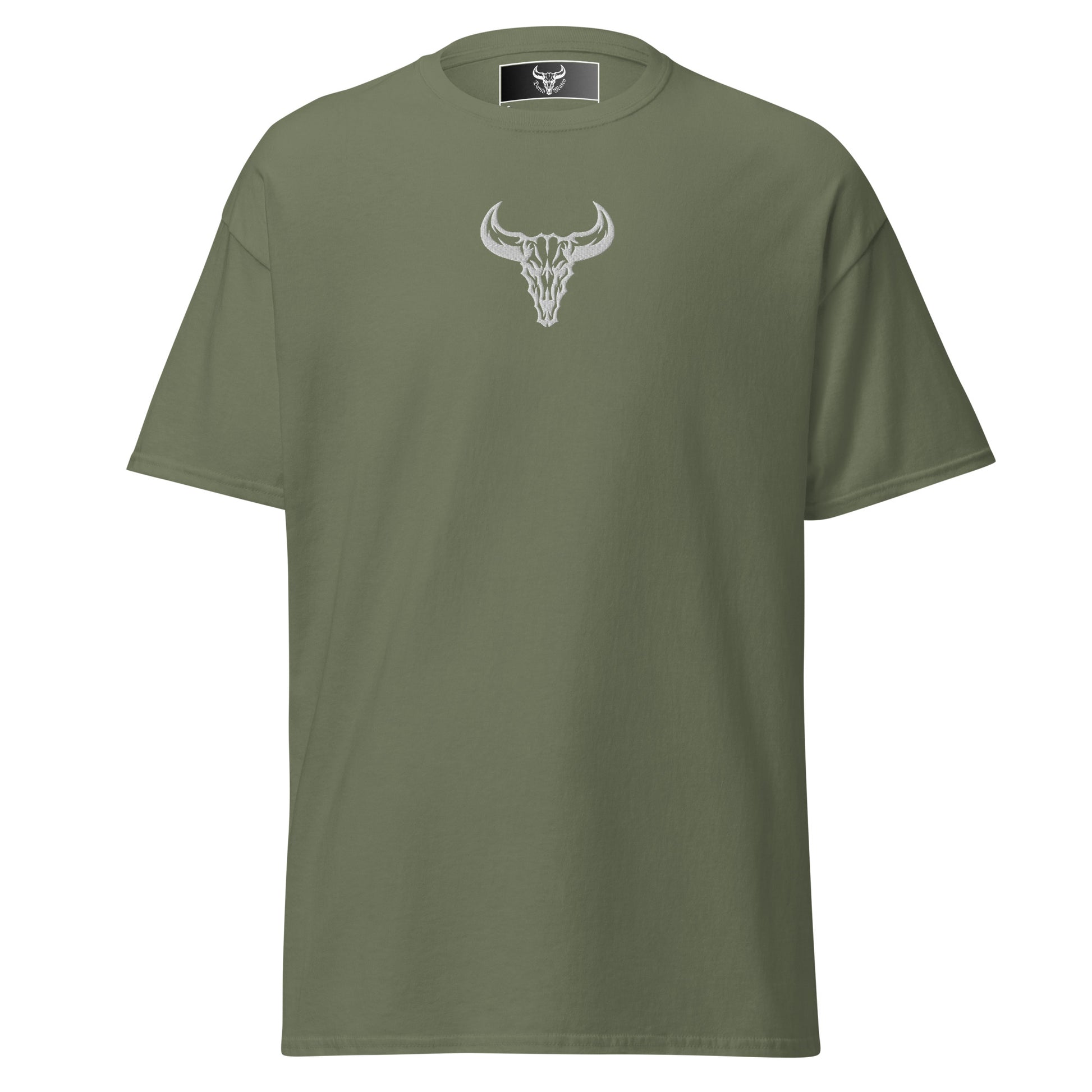 Camiseta de algodón verde militar con logo de calavera de toro blanco bordado en el centro del pecho, camiseta unisex de estilo minimalista para hombre y mujer.