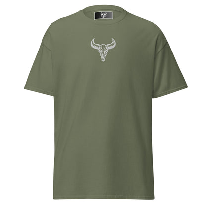 Camiseta de algodón verde militar con logo de calavera de toro blanco bordado en el centro del pecho, camiseta unisex de estilo minimalista para hombre y mujer.
