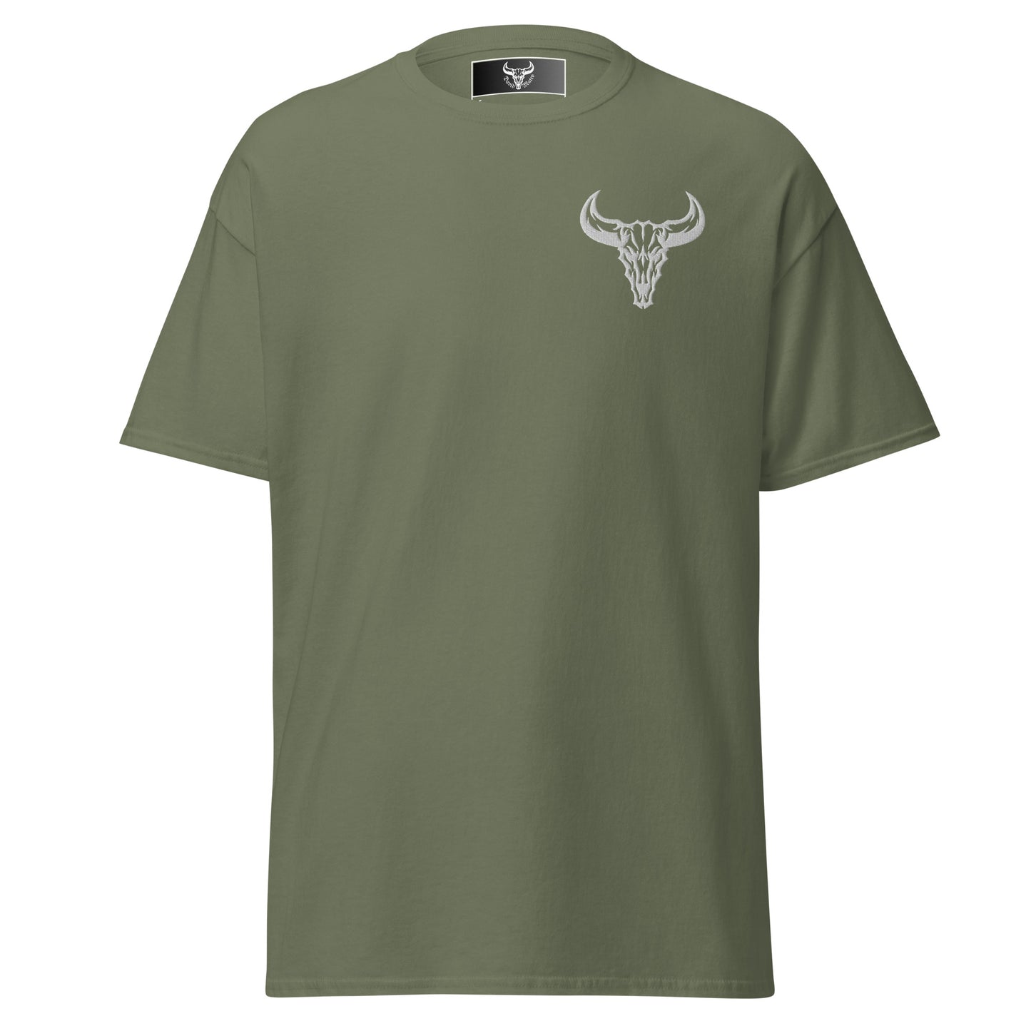 Camiseta de algodón verde militar con logo de calavera de toro blanco bordado en el pecho izquierdo, camiseta unisex de estilo minimalista para hombre y mujer.