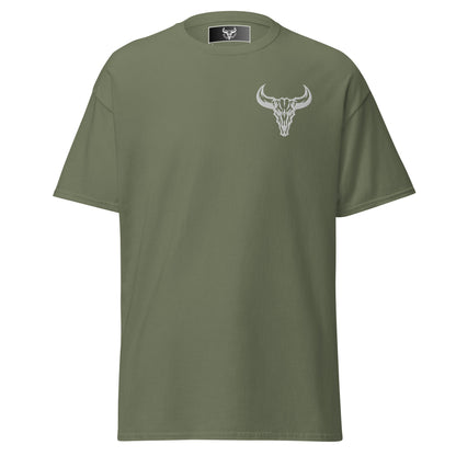 Camiseta de algodón verde militar con logo de calavera de toro blanco bordado en el pecho izquierdo, camiseta unisex de estilo minimalista para hombre y mujer.