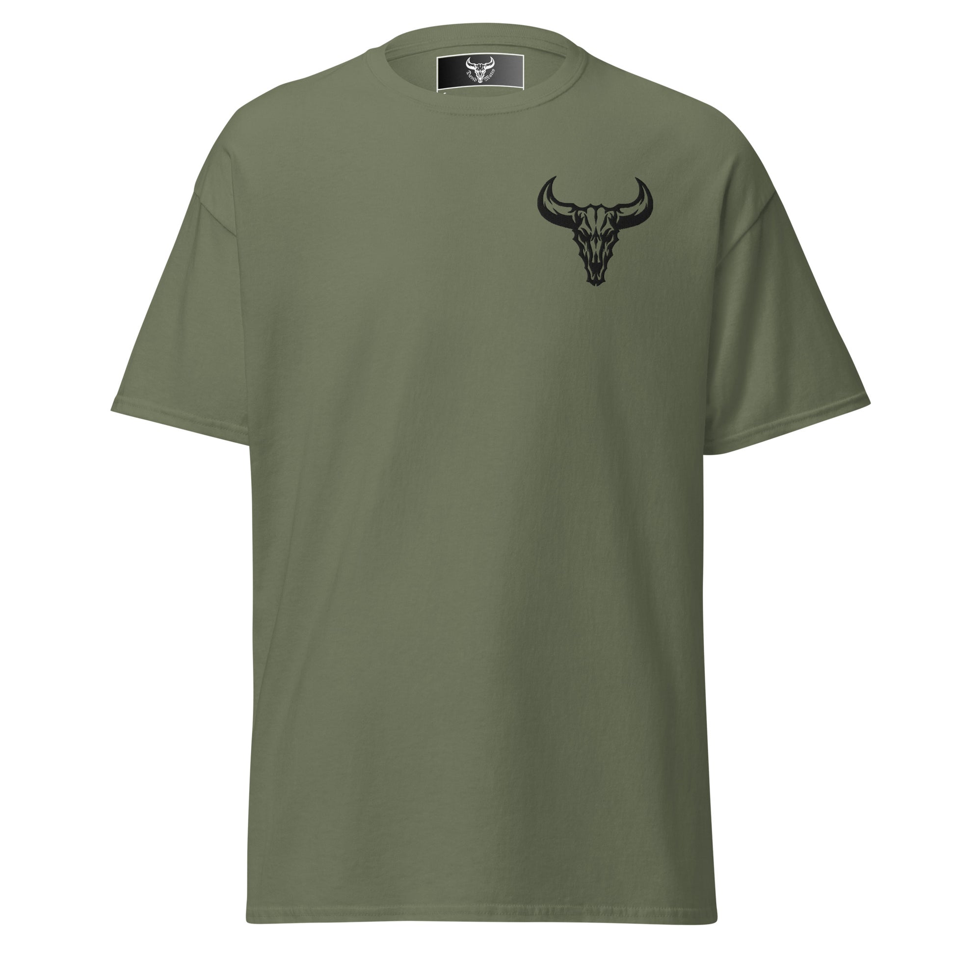 Camiseta de algodón verde militar con logo de calavera de toro negro bordado en el pecho izquierdo, camiseta unisex de estilo minimalista para hombre y mujer.