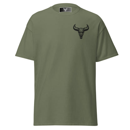 Camiseta de algodón verde militar con logo de calavera de toro negro bordado en el pecho izquierdo, camiseta unisex de estilo minimalista para hombre y mujer.