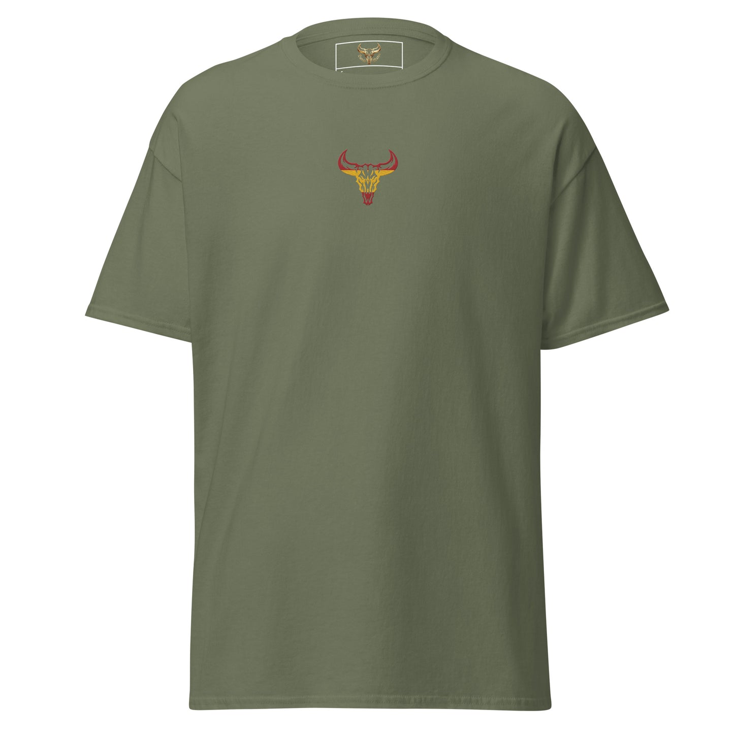 Camiseta de algodón unisex clásica verde militar con el logo de la calavera de toro de David Mateo Art con los colores de España.