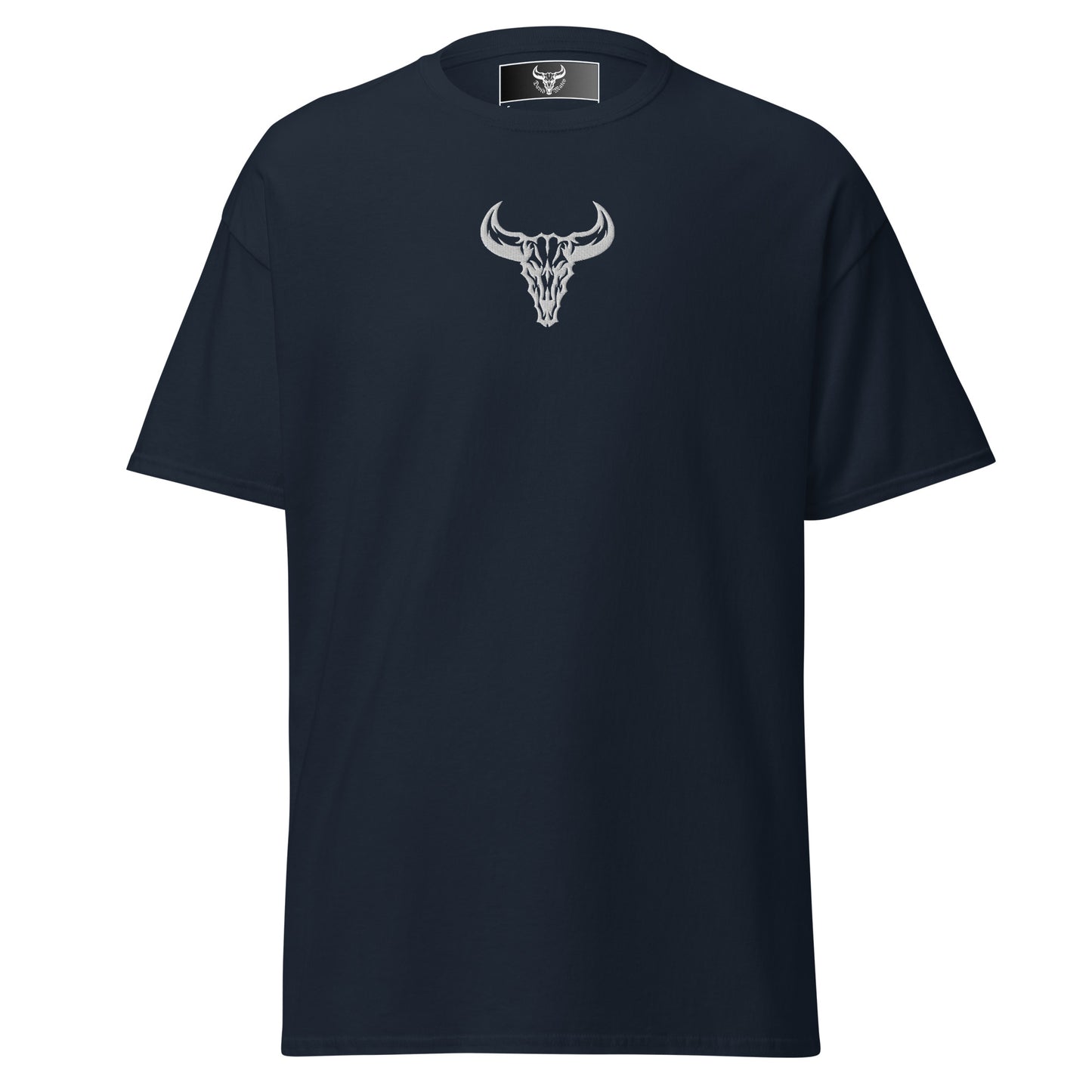 Camiseta de algodón azul navy con logo de calavera de toro blanco bordado en el centro del pecho, camiseta unisex de estilo minimalista para hombre y mujer.