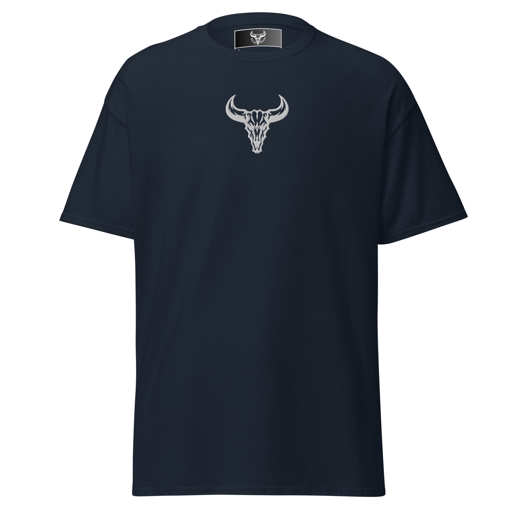 Camiseta de algodón azul navy con logo de calavera de toro blanco bordado en el centro del pecho, camiseta unisex de estilo minimalista para hombre y mujer.