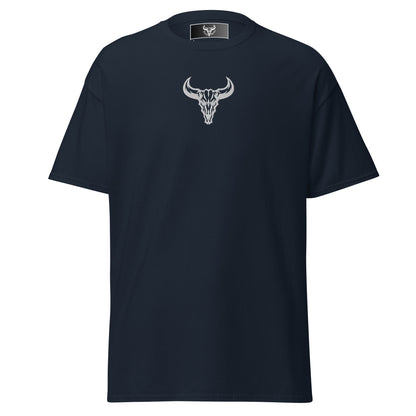 Camiseta de algodón azul navy con logo de calavera de toro blanco bordado en el centro del pecho, camiseta unisex de estilo minimalista para hombre y mujer.