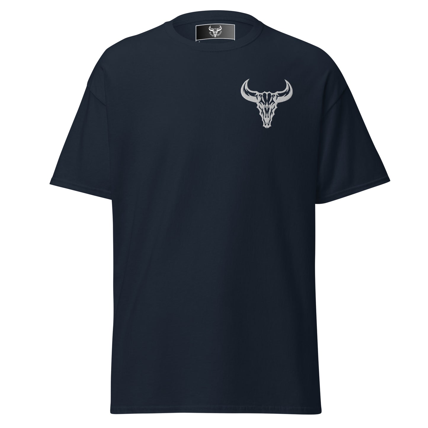 Camiseta de algodón azul navy con logo de calavera de toro blanco bordado en el pecho izquierdo, camiseta unisex de estilo minimalista para hombre y mujer.