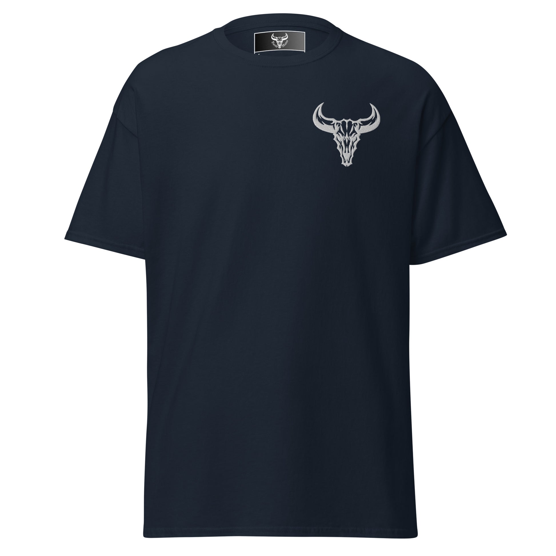 Camiseta de algodón azul navy con logo de calavera de toro blanco bordado en el pecho izquierdo, camiseta unisex de estilo minimalista para hombre y mujer.