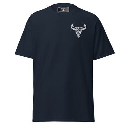Camiseta de algodón azul navy con logo de calavera de toro blanco bordado en el pecho izquierdo, camiseta unisex de estilo minimalista para hombre y mujer.