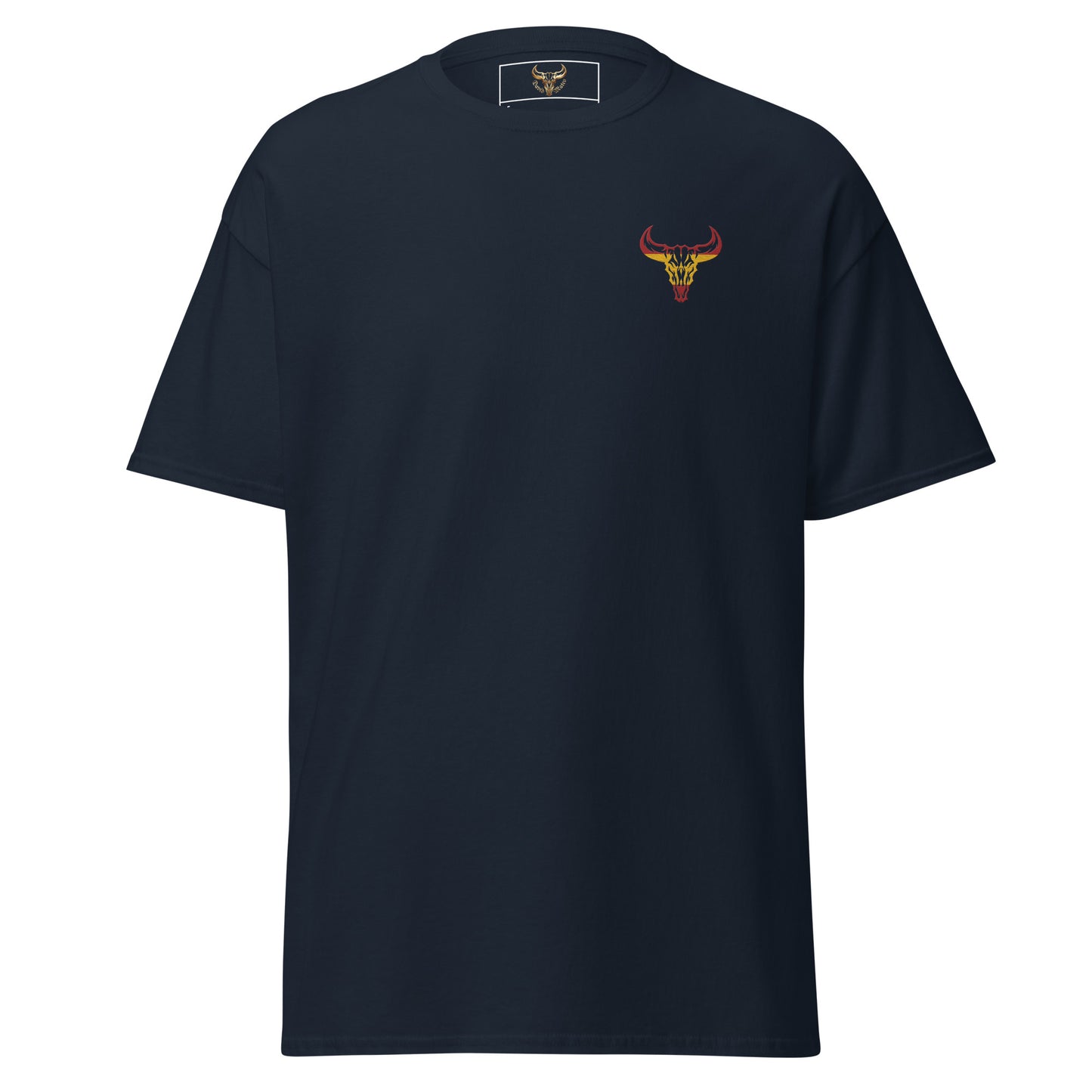 Camiseta de algodón clásica unisex azul marino con el logo de la calavera de toro de David Mateo Art con los colores de España.