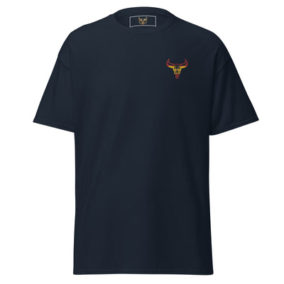 Camiseta de algodón clásica unisex azul marino con el logo de la calavera de toro de David Mateo Art con los colores de España.