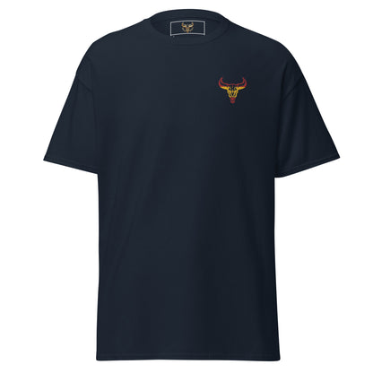 Camiseta de algodón clásica unisex azul marino con el logo de la calavera de toro de David Mateo Art con los colores de España.