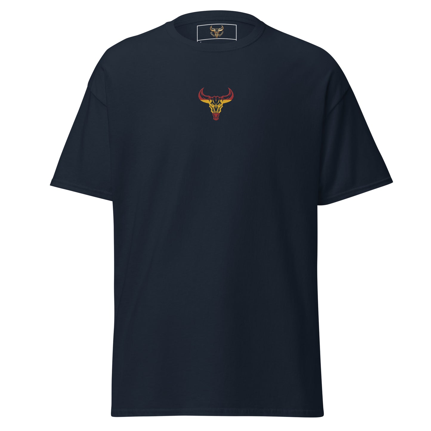 Camiseta de algodón unisex clásica azul marino con el logo de la calavera de toro de David Mateo Art con los colores de España.