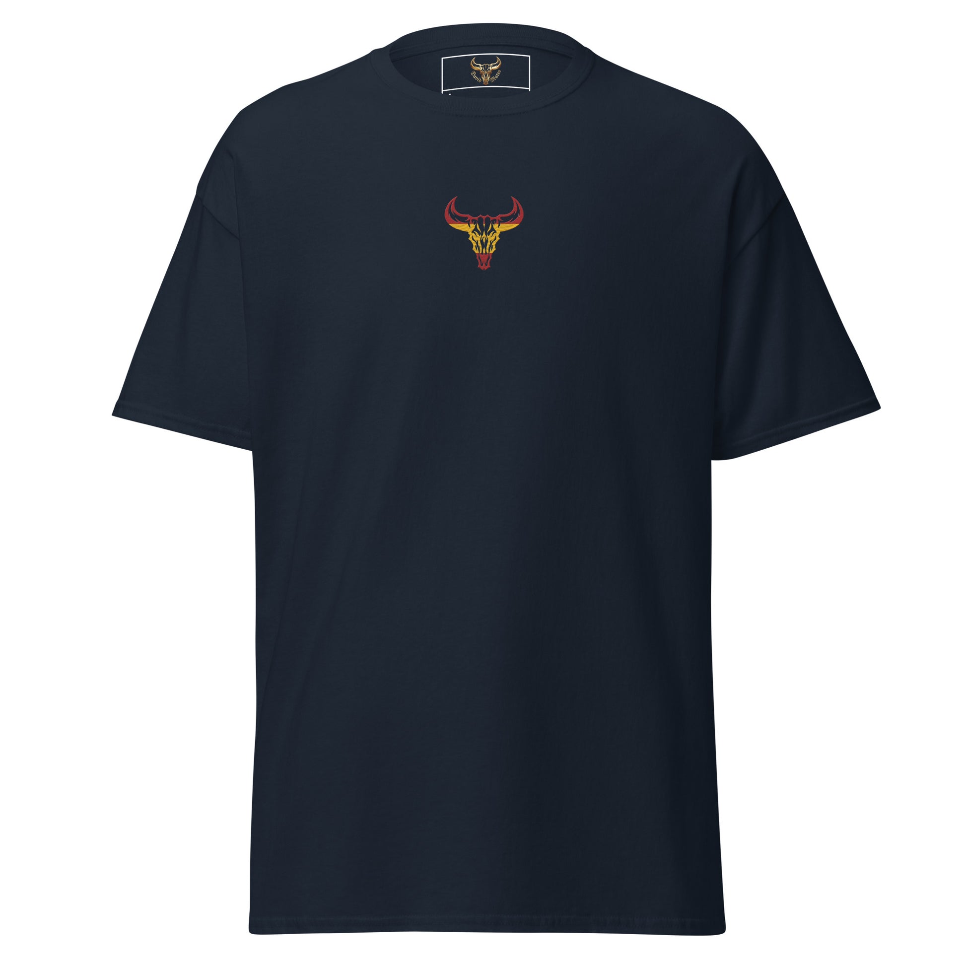 Camiseta de algodón unisex clásica azul marino con el logo de la calavera de toro de David Mateo Art con los colores de España.