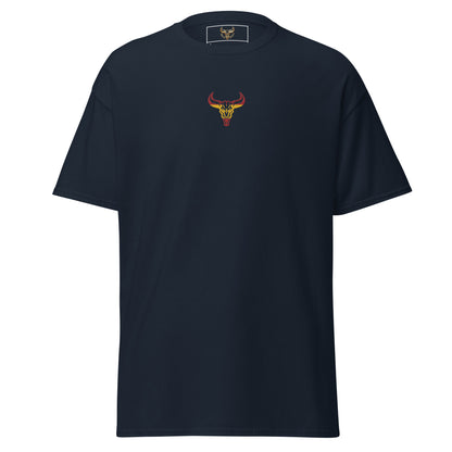 Camiseta de algodón unisex clásica azul marino con el logo de la calavera de toro de David Mateo Art con los colores de España.