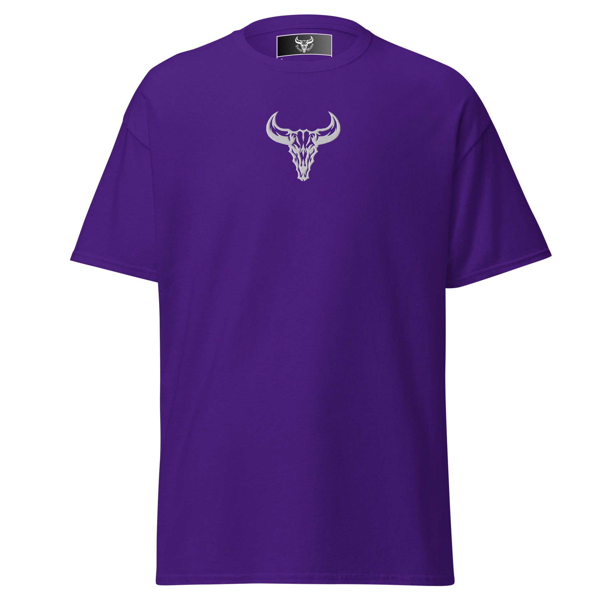Camiseta de algodón violeta con logo de calavera de toro blanco bordado en el centro del pecho, camiseta unisex de estilo minimalista para hombre y mujer.