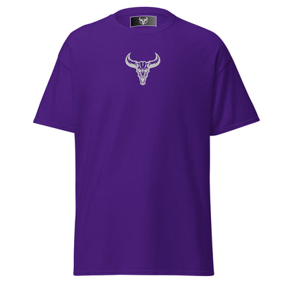 Camiseta de algodón violeta con logo de calavera de toro blanco bordado en el centro del pecho, camiseta unisex de estilo minimalista para hombre y mujer.