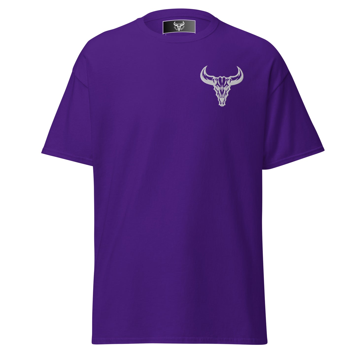 Camiseta de algodón violeta con logo de calavera de toro blanco bordado en el pecho izquierdo, camiseta unisex de estilo minimalista para hombre y mujer.
