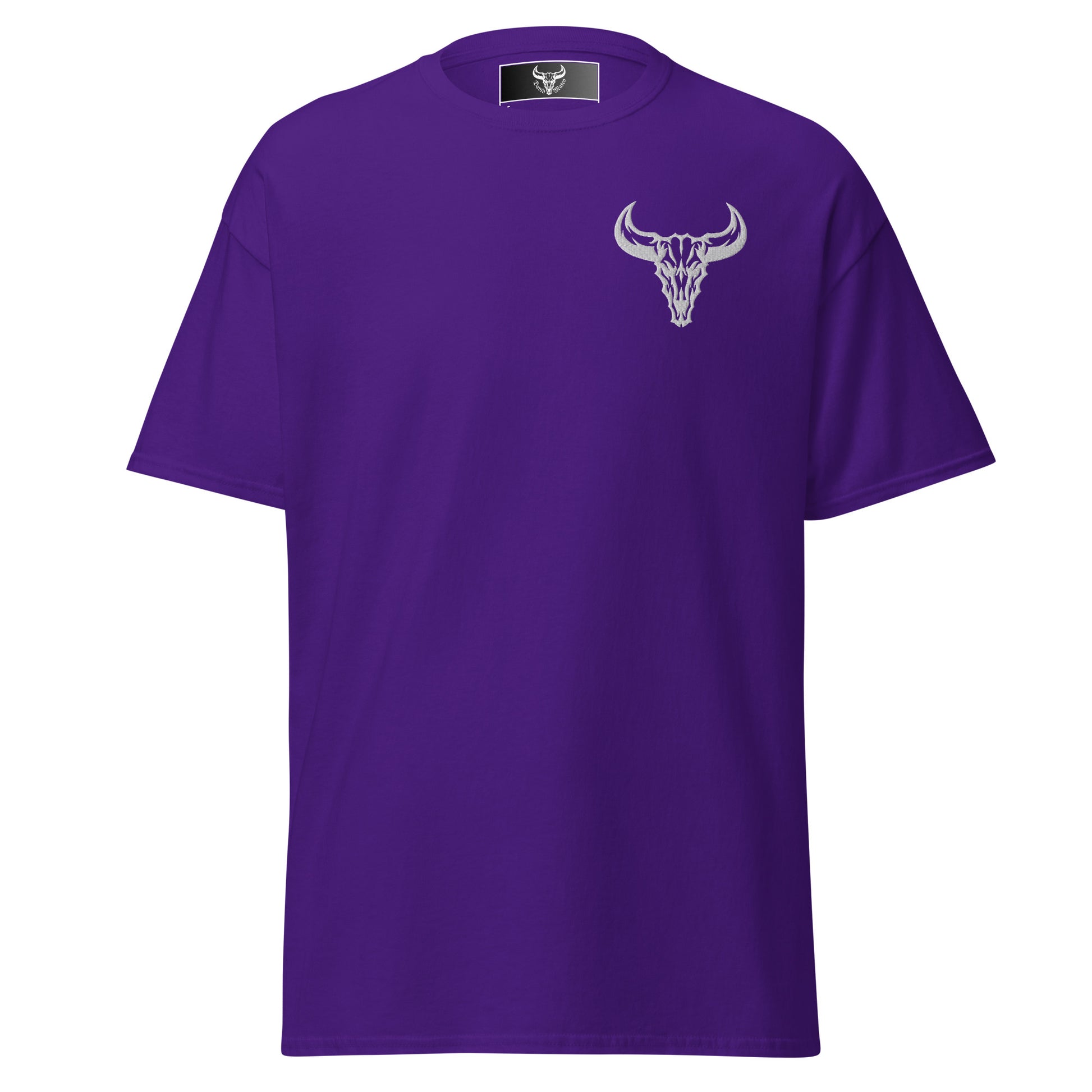 Camiseta de algodón violeta con logo de calavera de toro blanco bordado en el pecho izquierdo, camiseta unisex de estilo minimalista para hombre y mujer.