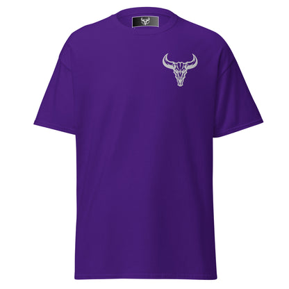 Camiseta de algodón violeta con logo de calavera de toro blanco bordado en el pecho izquierdo, camiseta unisex de estilo minimalista para hombre y mujer.