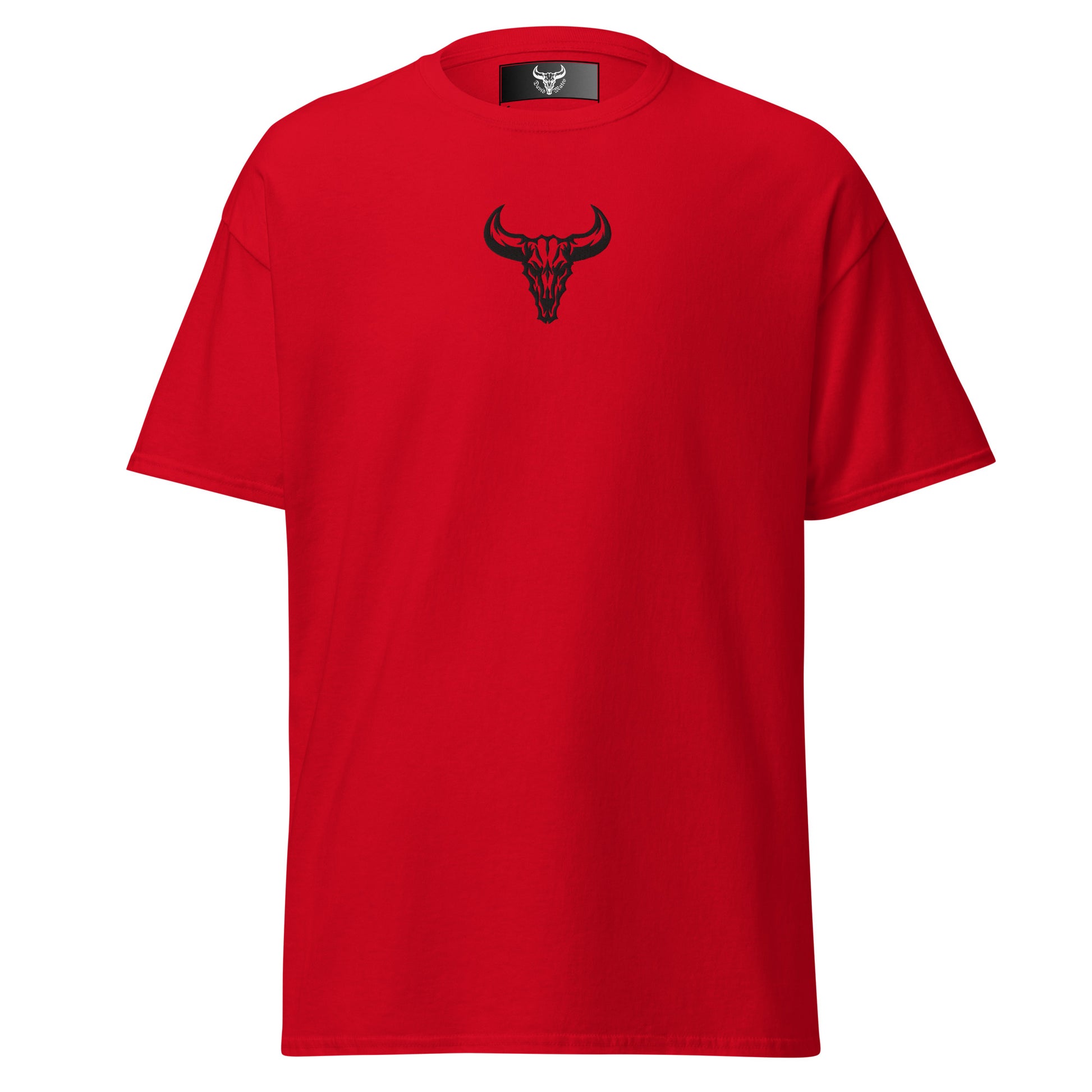 Camiseta de algodón roja con logo de calavera de toro negro bordado en el centro del pecho, camiseta unisex de estilo minimalista para hombre y mujer.