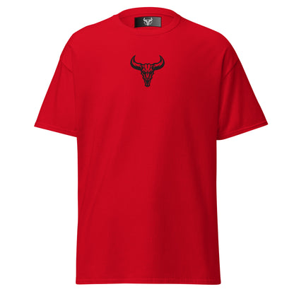 Camiseta de algodón roja con logo de calavera de toro negro bordado en el centro del pecho, camiseta unisex de estilo minimalista para hombre y mujer.