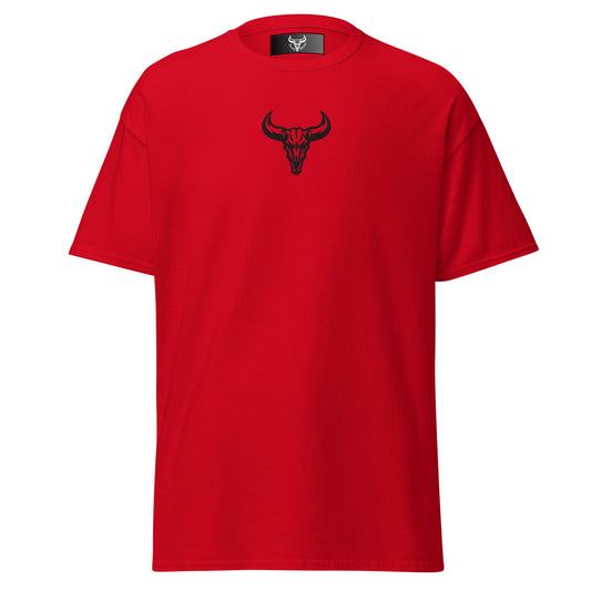 Camiseta de algodón roja con logo de calavera de toro negro bordado en el centro del pecho, camiseta unisex de estilo minimalista para hombre y mujer.