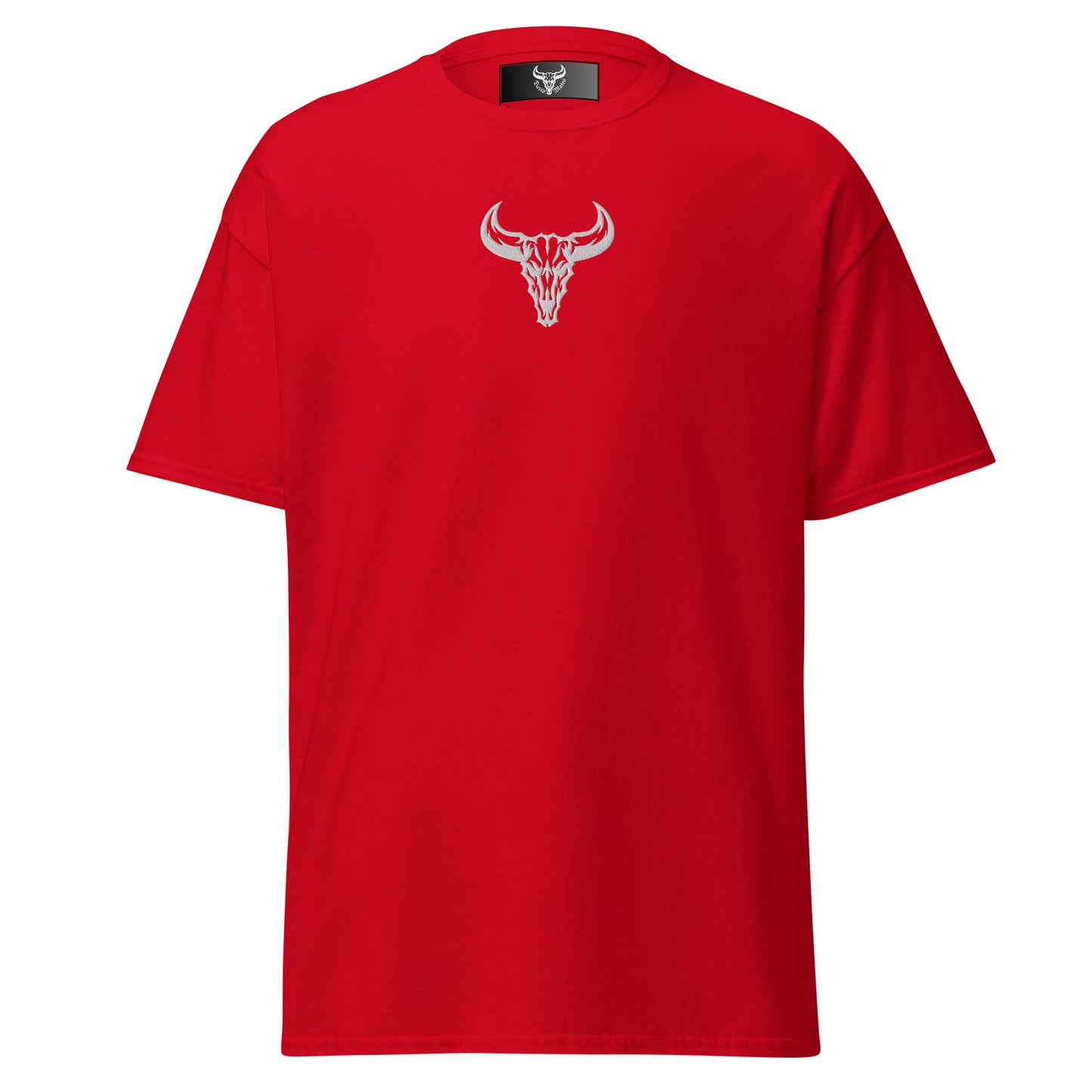 Camiseta de algodón roja con logo de calavera de toro blanco bordado en el centro del pecho, camiseta unisex de estilo minimalista para hombre y mujer.