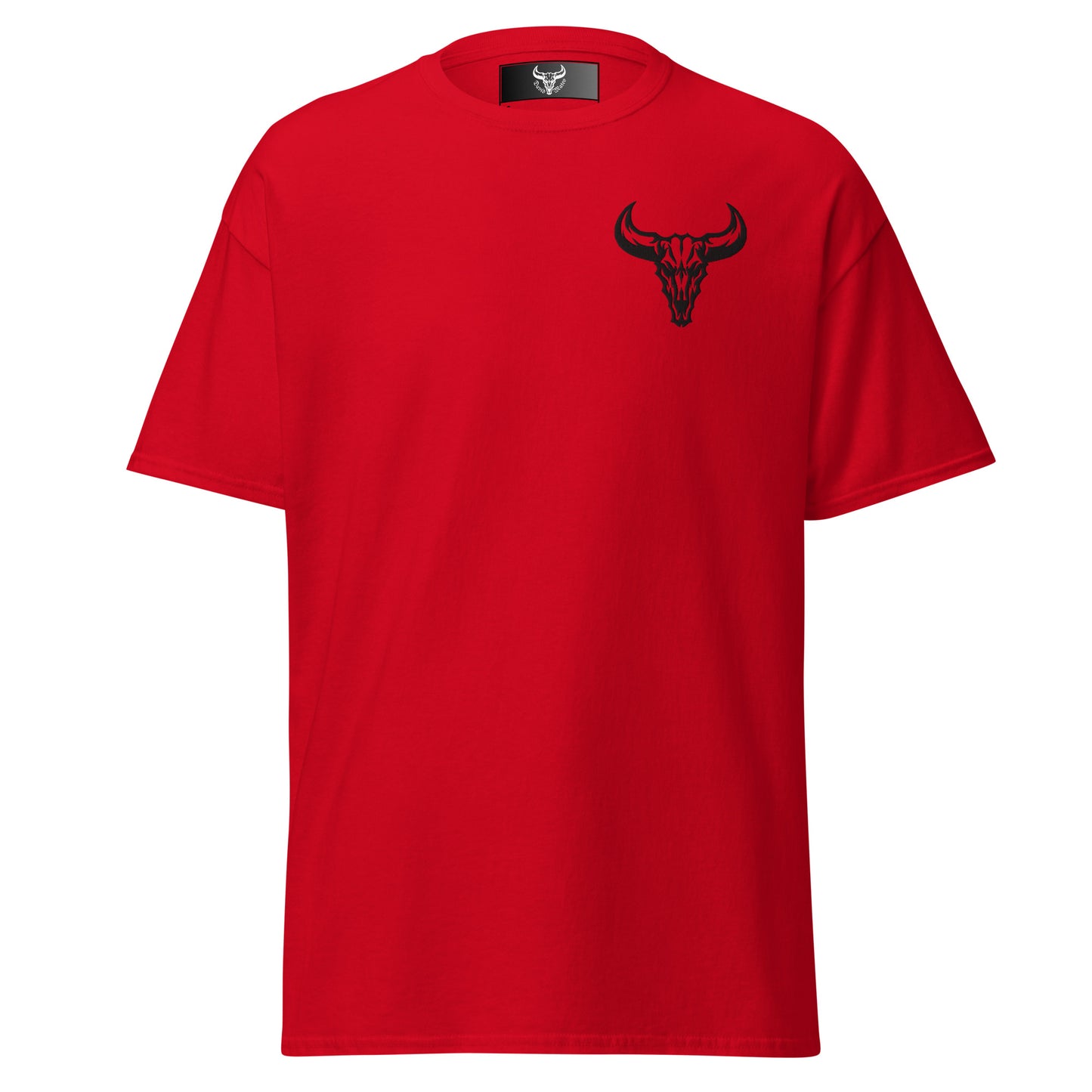 Camiseta de algodón roja con logo de calavera de toro negro bordado en el pecho izquierdo, camiseta unisex de estilo minimalista para hombre y mujer.