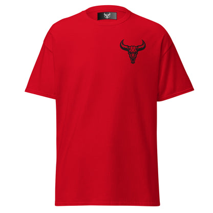 Camiseta de algodón roja con logo de calavera de toro negro bordado en el pecho izquierdo, camiseta unisex de estilo minimalista para hombre y mujer.