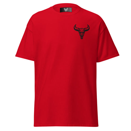 Camiseta de algodón roja con logo de calavera de toro negro bordado en el pecho izquierdo, camiseta unisex de estilo minimalista para hombre y mujer.