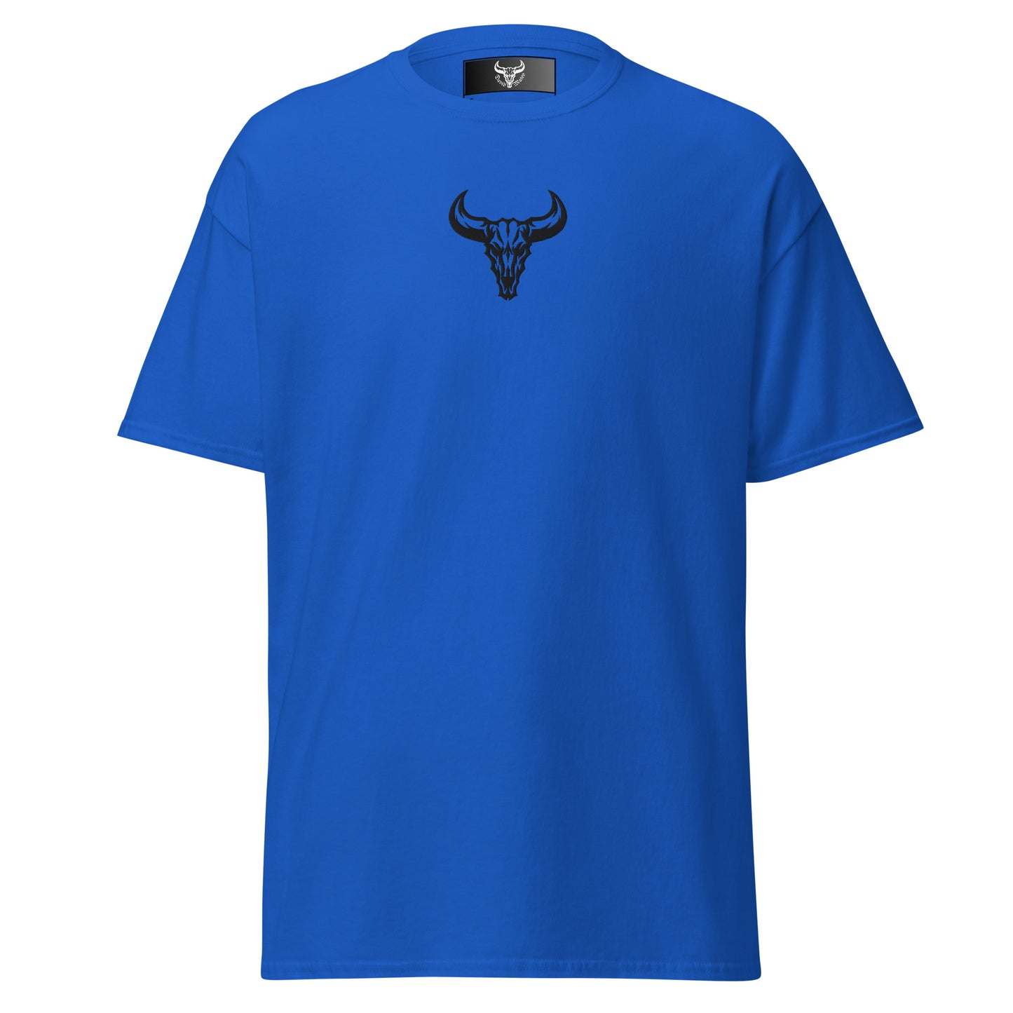 Camiseta de algodón azul royal con logo de calavera de toro negro bordado en el centro del pecho, camiseta unisex de estilo minimalista para hombre y mujer.