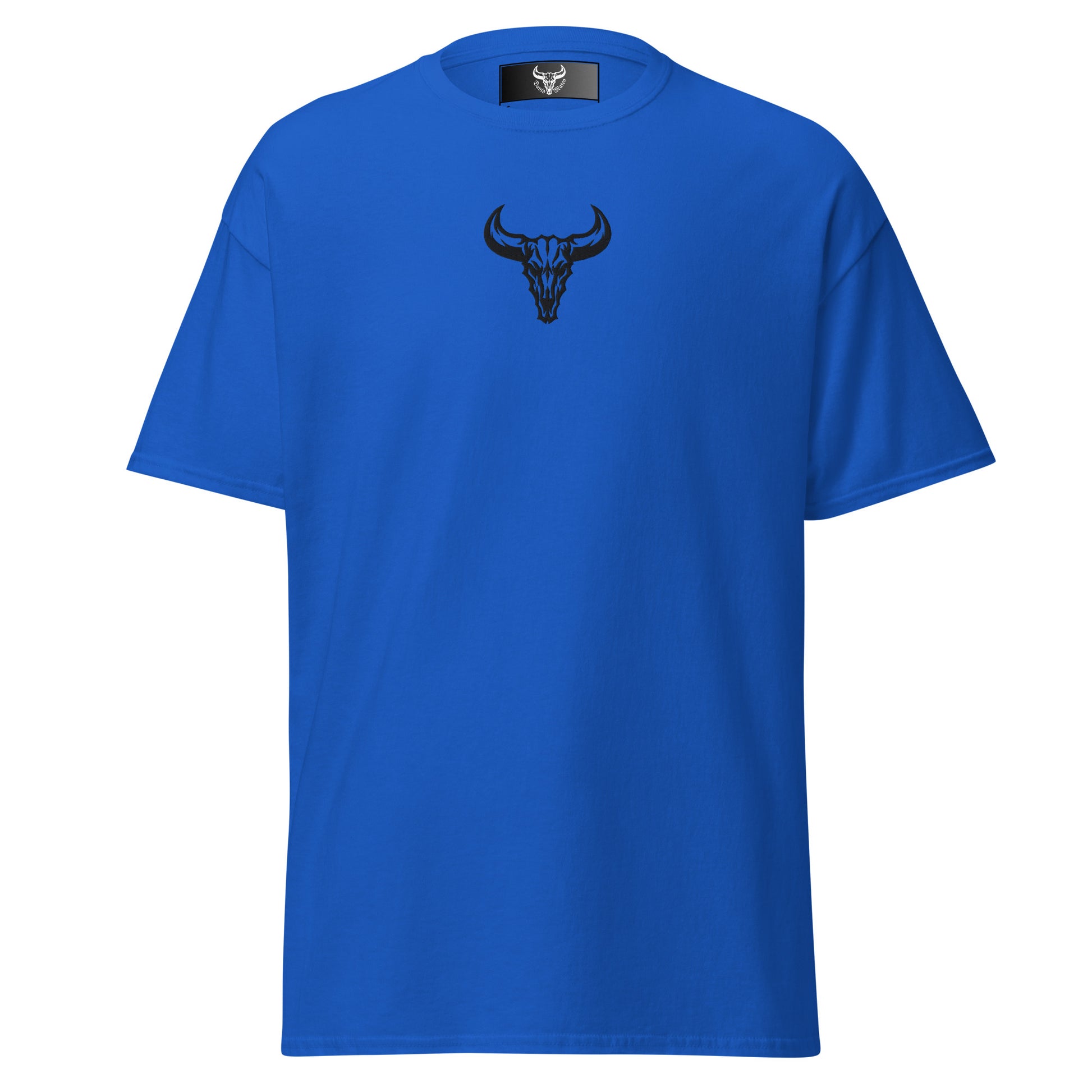 Camiseta de algodón azul royal con logo de calavera de toro negro bordado en el centro del pecho, camiseta unisex de estilo minimalista para hombre y mujer.
