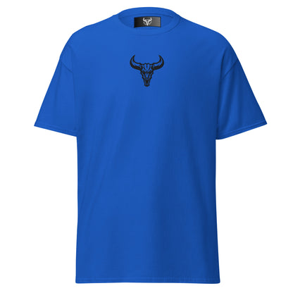 Camiseta de algodón azul royal con logo de calavera de toro negro bordado en el centro del pecho, camiseta unisex de estilo minimalista para hombre y mujer.
