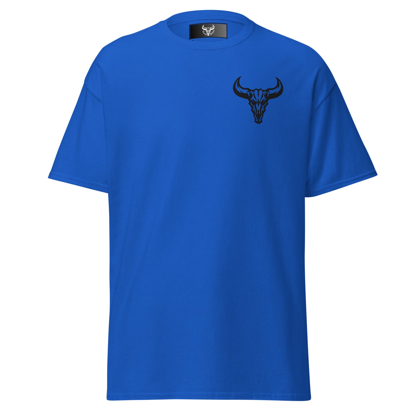 Camiseta de algodón azul con logo de calavera de toro negro bordado en el pecho izquierdo, camiseta unisex de estilo minimalista para hombre y mujer.