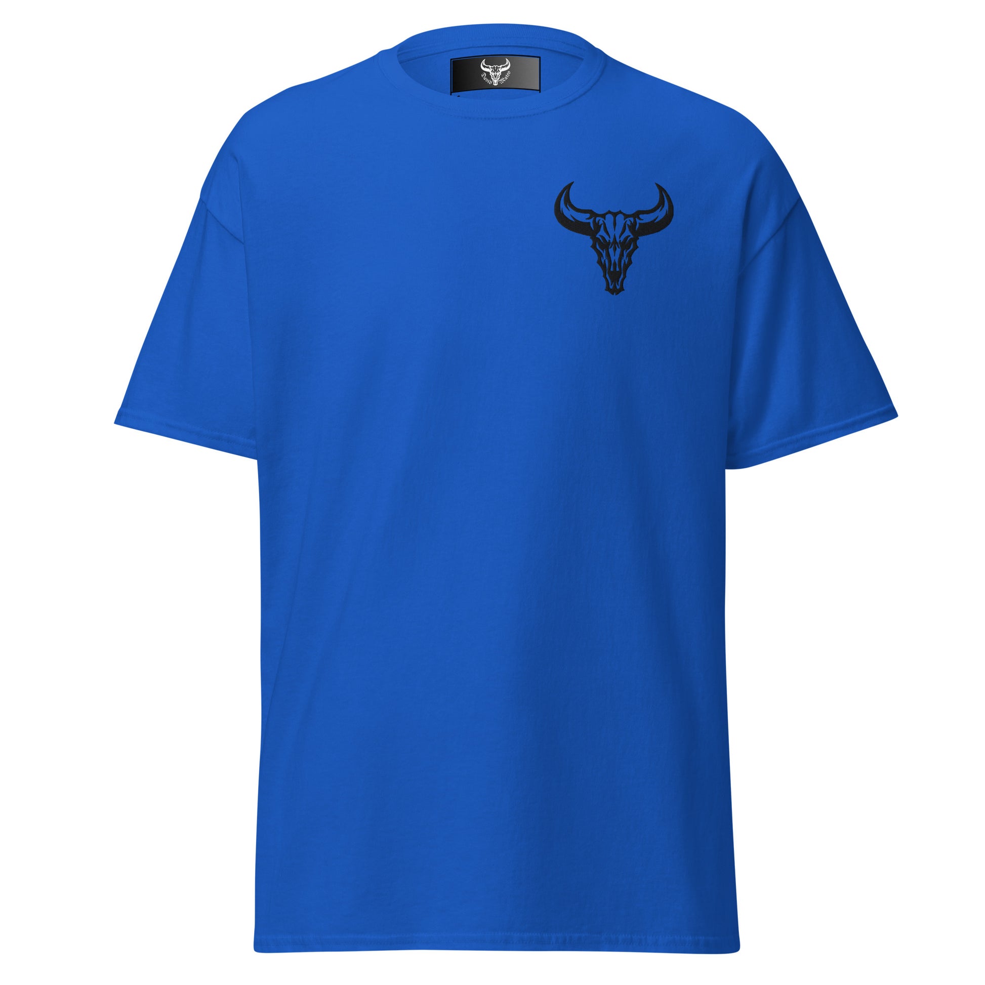 Camiseta de algodón azul con logo de calavera de toro negro bordado en el pecho izquierdo, camiseta unisex de estilo minimalista para hombre y mujer.