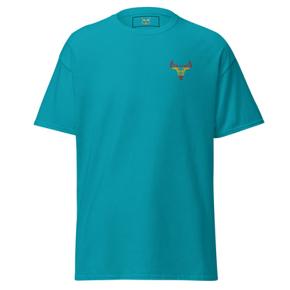 Camiseta de algodón clásica unisex azul tropical con el logo de la calavera de toro de David Mateo Art con los colores de España.