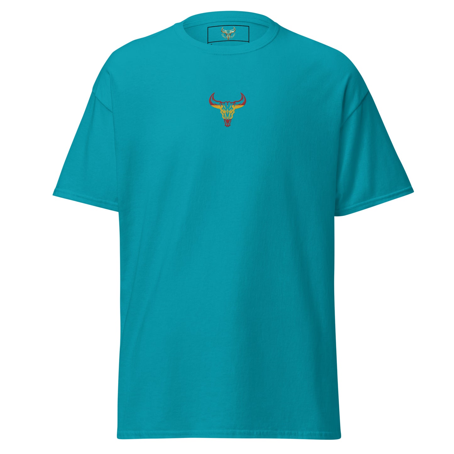 Camiseta de algodón unisex clásica azul tropical con el logo de la calavera de toro de David Mateo Art con los colores de España.
