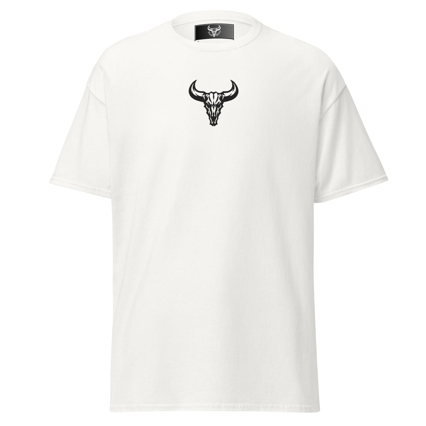 Camiseta de algodón blanca con logo de calavera de toro negro bordado en el centro del pecho, camiseta unisex de estilo minimalista para hombre y mujer.