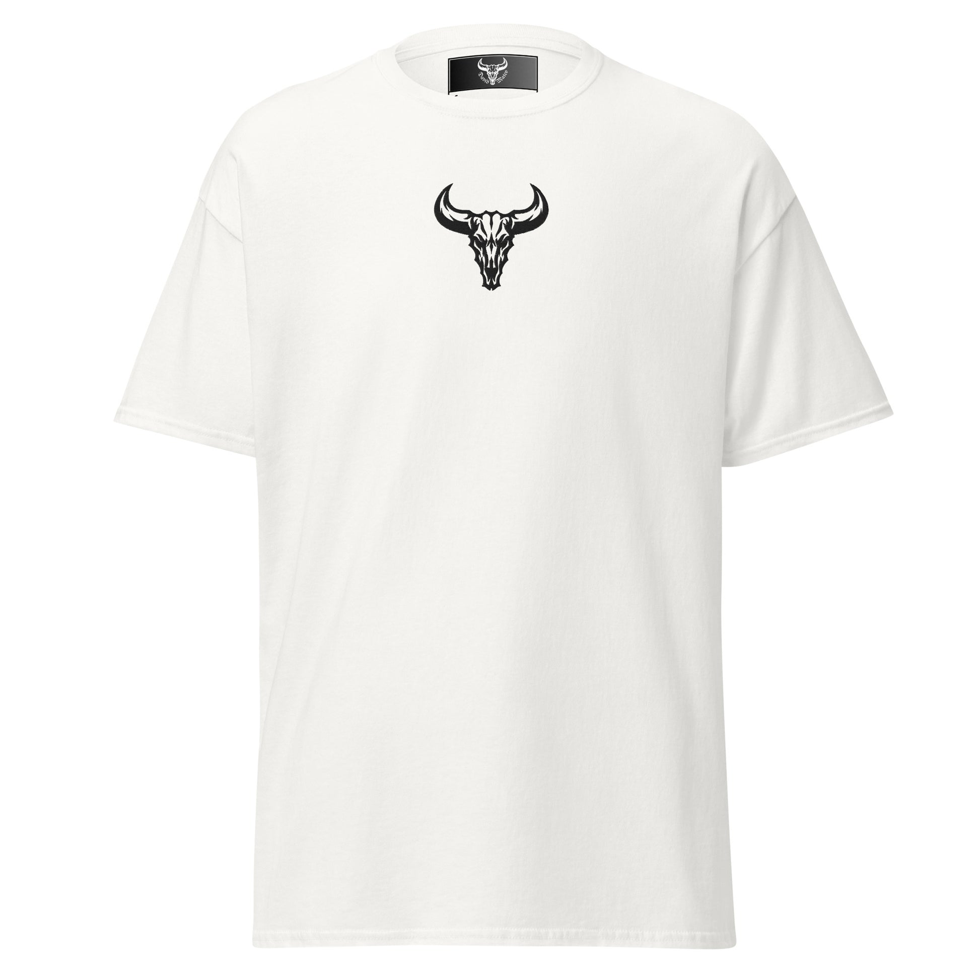 Camiseta de algodón blanca con logo de calavera de toro negro bordado en el centro del pecho, camiseta unisex de estilo minimalista para hombre y mujer.