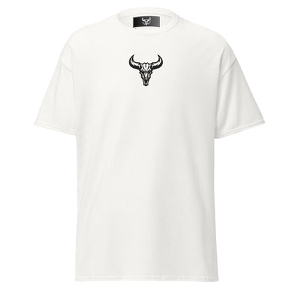Camiseta de algodón blanca con logo de calavera de toro negro bordado en el centro del pecho, camiseta unisex de estilo minimalista para hombre y mujer.
