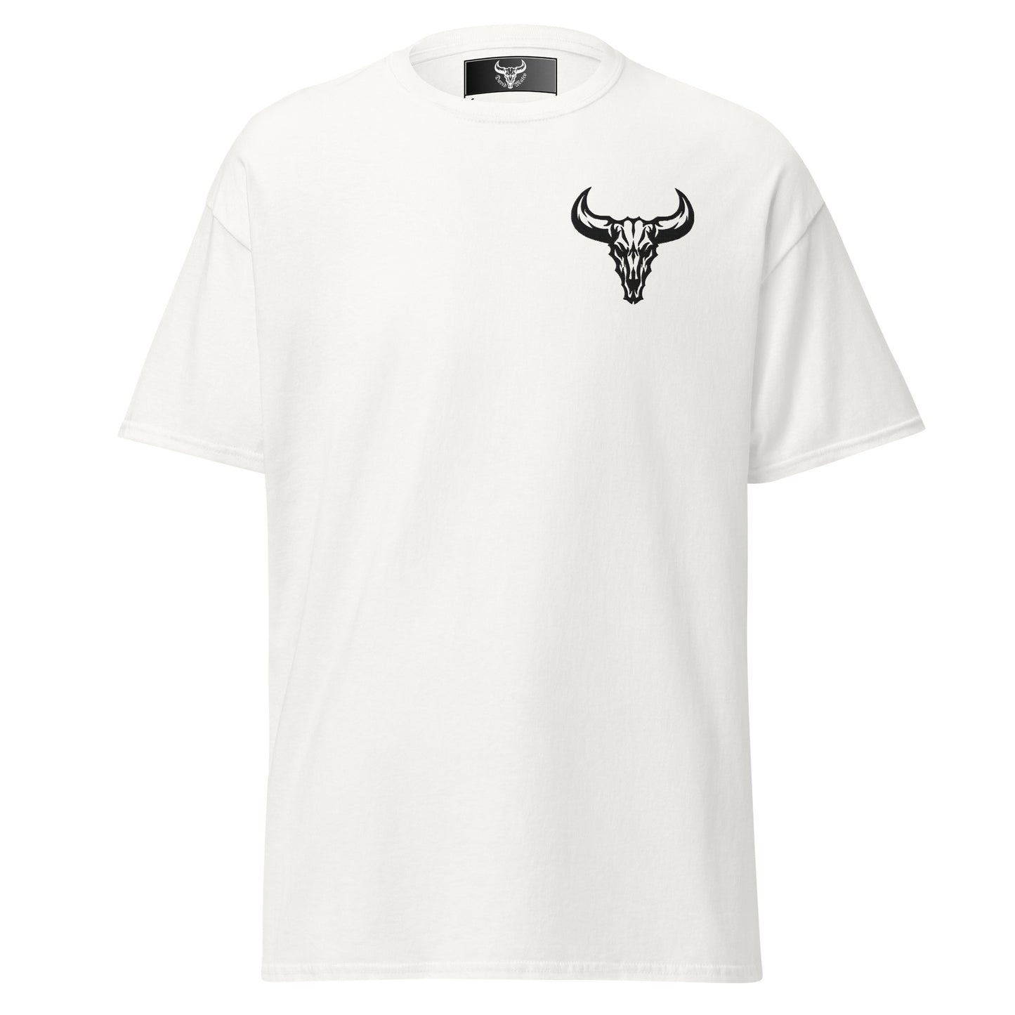 Camiseta de algodón blanca con logo de calavera de toro negro bordado en el pecho izquierdo, camiseta unisex de estilo minimalista para hombre y mujer.