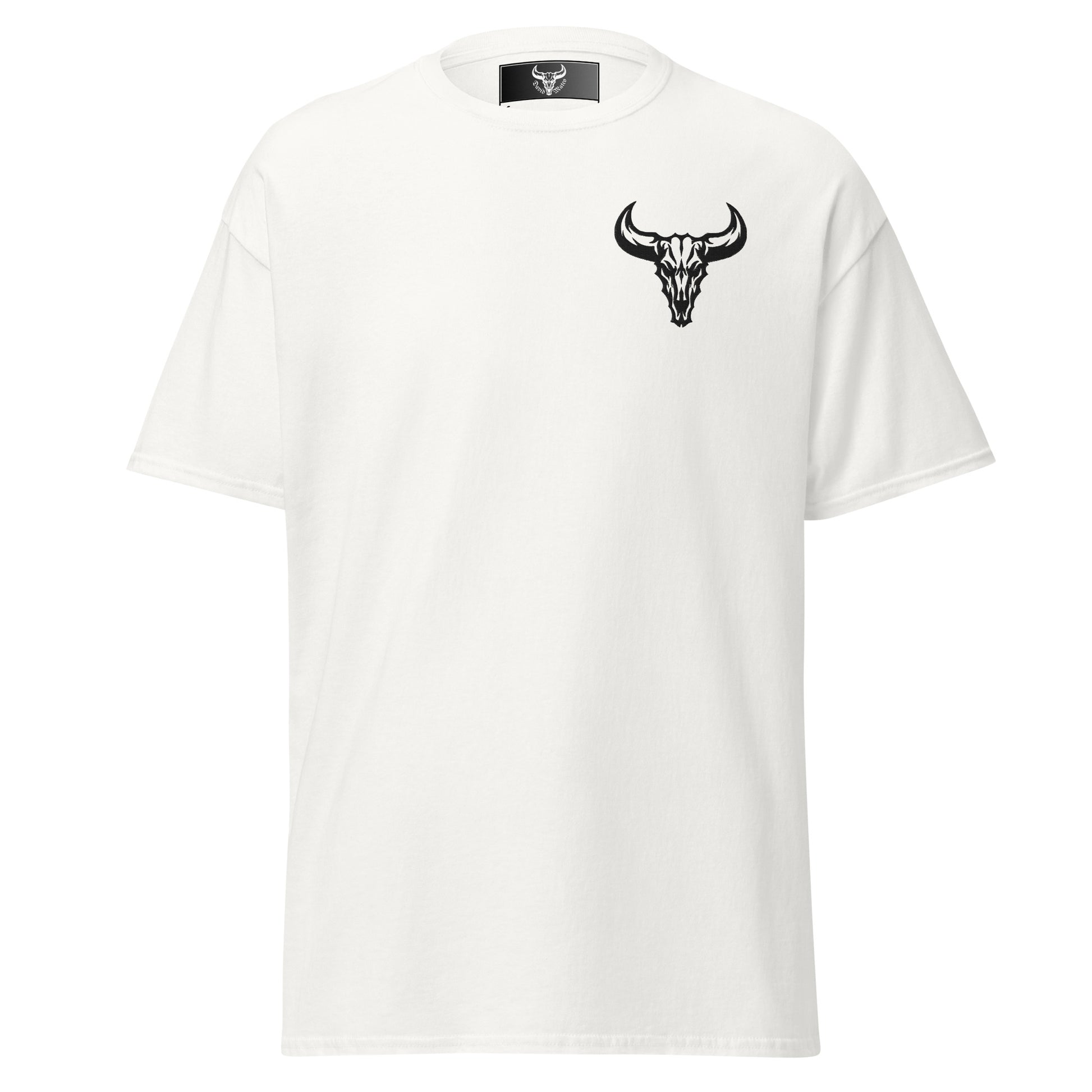 Camiseta de algodón blanca con logo de calavera de toro negro bordado en el pecho izquierdo, camiseta unisex de estilo minimalista para hombre y mujer.