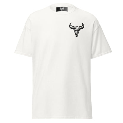 Camiseta de algodón blanca con logo de calavera de toro negro bordado en el pecho izquierdo, camiseta unisex de estilo minimalista para hombre y mujer.